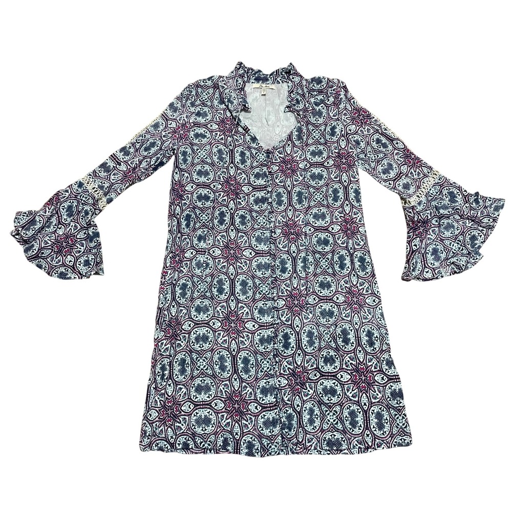 Ella Moon Womens M Blue Pink Paisley Bell Sleeve Crochet Botton Front Boho Dress